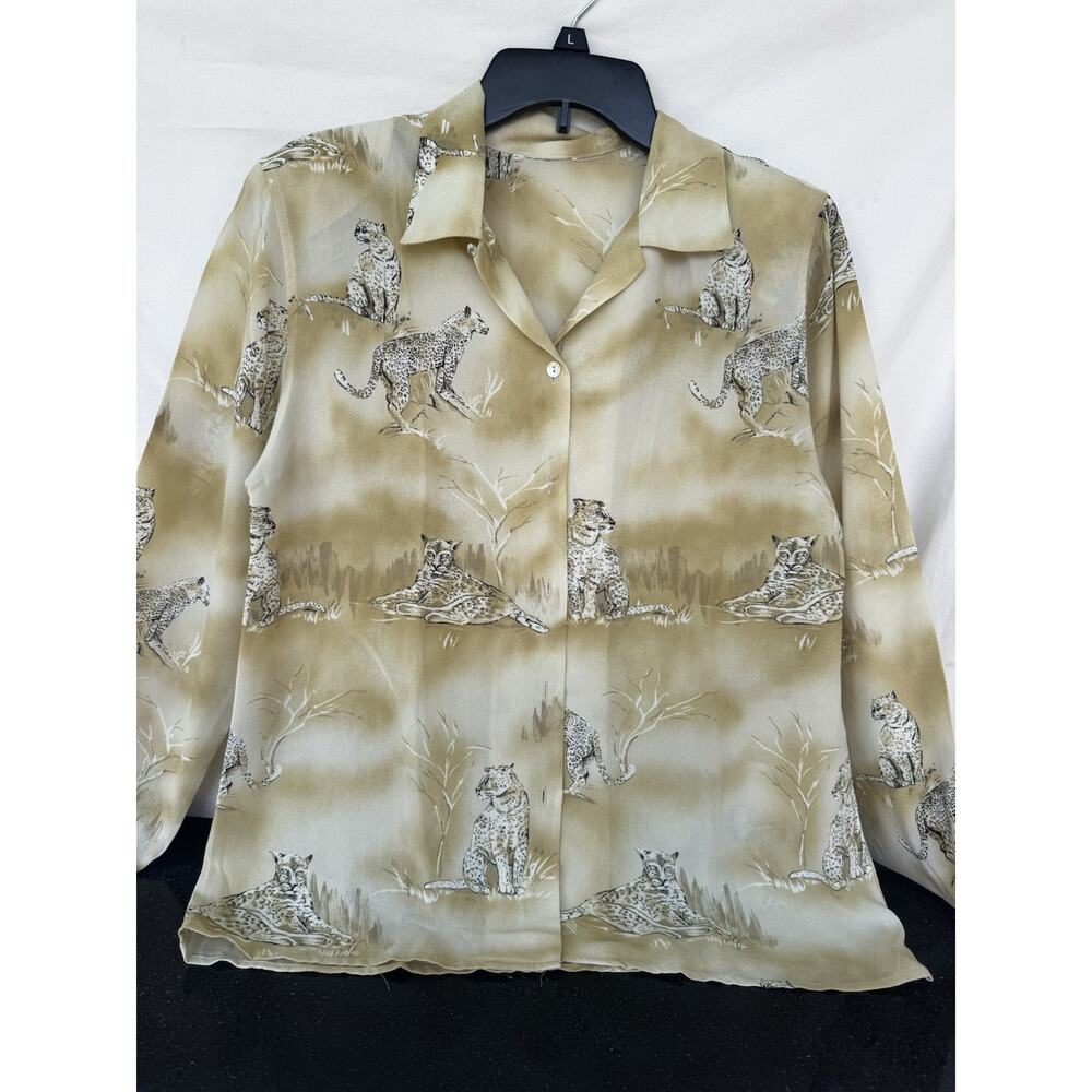 Safari Inspired Silk Satin Blouse Cheetah Leopard Wildlife Print Sz Lg no tags